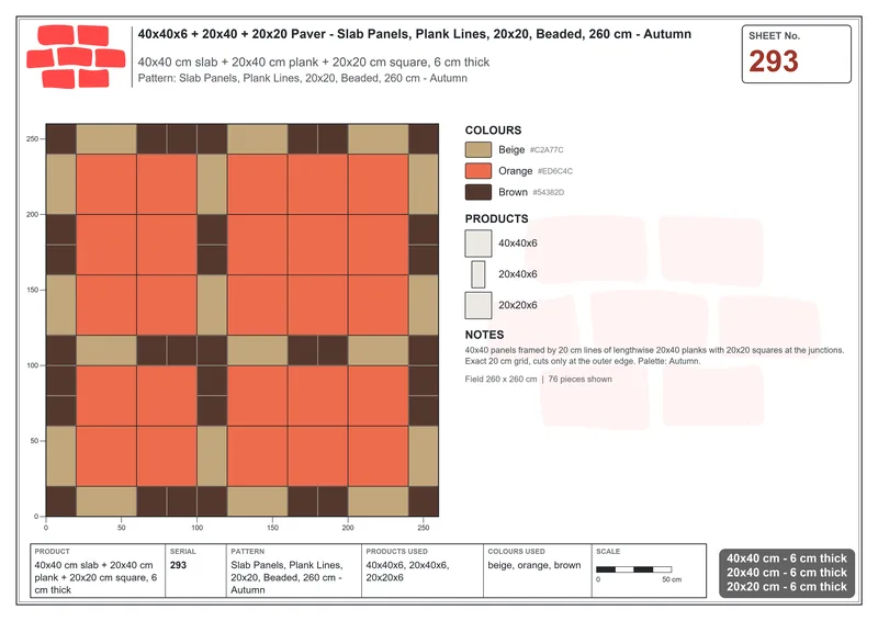 Interlock (Pasco) 40x40 cm · SQ44-293 · Slab Panels, Plank Lines, 20x20, Beaded, 260 cm - Autumn · Laying plan Interlock (Pasco) 40x40 cm · SQ44-293 · Slab Panels, Plank Lines, 20x20, Beaded, 260 cm - Autumn · Laying plan