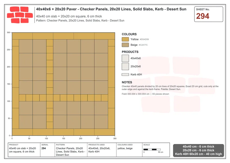 Interlock (Pasco) 40x40 cm · SQ44-294 · Checker Panels, 20x20 Lines, Solid Slabs, Kerb - Desert Sun · Laying plan Interlock (Pasco) 40x40 cm · SQ44-294 · Checker Panels, 20x20 Lines, Solid Slabs, Kerb - Desert Sun · Laying plan