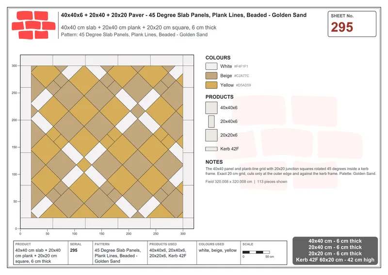 Interlock (Pasco) 40x40 cm · SQ44-295 · 45 Degree Slab Panels, Plank Lines, Beaded - Golden Sand · Laying plan Interlock (Pasco) 40x40 cm · SQ44-295 · 45 Degree Slab Panels, Plank Lines, Beaded - Golden Sand · Laying plan