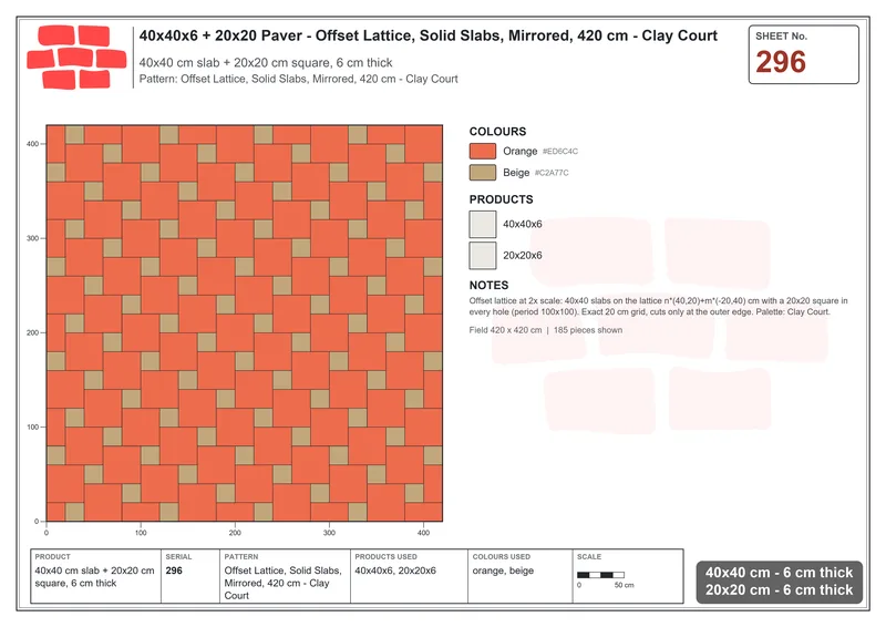 Interlock (Pasco) 40x40 cm · SQ44-296 · Offset Lattice, Solid Slabs, Mirrored, 420 cm - Clay Court · Laying plan Interlock (Pasco) 40x40 cm · SQ44-296 · Offset Lattice, Solid Slabs, Mirrored, 420 cm - Clay Court · Laying plan