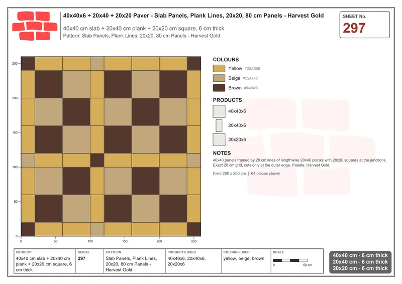 Interlock (Pasco) 40x40 cm · SQ44-297 · Slab Panels, Plank Lines, 20x20, 80 cm Panels - Harvest Gold · Laying plan Interlock (Pasco) 40x40 cm · SQ44-297 · Slab Panels, Plank Lines, 20x20, 80 cm Panels - Harvest Gold · Laying plan