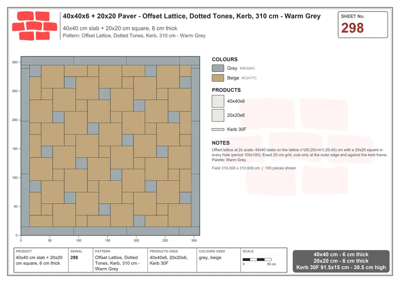 Interlock (Pasco) 40x40 cm · SQ44-298 · Offset Lattice, Dotted Tones, Kerb, 310 cm - Warm Grey · Laying plan Interlock (Pasco) 40x40 cm · SQ44-298 · Offset Lattice, Dotted Tones, Kerb, 310 cm - Warm Grey · Laying plan