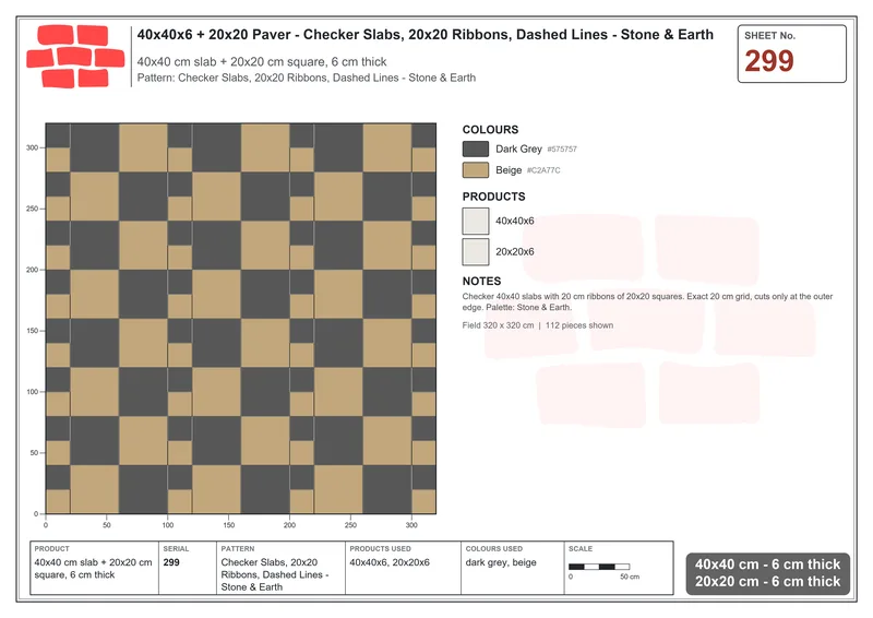 Interlock (Pasco) 40x40 cm · SQ44-299 · Checker Slabs, 20x20 Ribbons, Dashed Lines - Stone & Earth · Laying plan Interlock (Pasco) 40x40 cm · SQ44-299 · Checker Slabs, 20x20 Ribbons, Dashed Lines - Stone & Earth · Laying plan