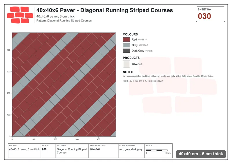 Interlock (Pasco) 40x40 cm · SQ44-30 · Diagonal Running Striped Courses · Laying plan Interlock (Pasco) 40x40 cm · SQ44-30 · Diagonal Running Striped Courses · Laying plan