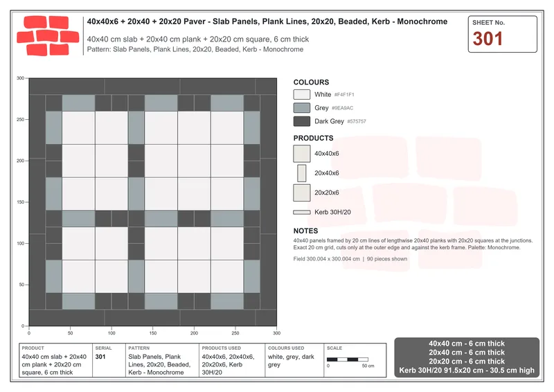 Interlock (Pasco) 40x40 cm · SQ44-301 · Slab Panels, Plank Lines, 20x20, Beaded, Kerb - Monochrome · Laying plan Interlock (Pasco) 40x40 cm · SQ44-301 · Slab Panels, Plank Lines, 20x20, Beaded, Kerb - Monochrome · Laying plan