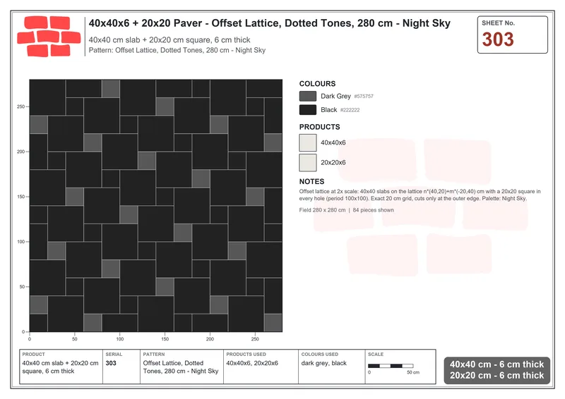Interlock (Pasco) 40x40 cm · SQ44-303 · Offset Lattice, Dotted Tones, 280 cm - Night Sky · Laying plan Interlock (Pasco) 40x40 cm · SQ44-303 · Offset Lattice, Dotted Tones, 280 cm - Night Sky · Laying plan
