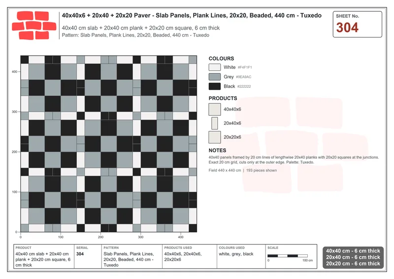 Interlock (Pasco) 40x40 cm · SQ44-304 · Slab Panels, Plank Lines, 20x20, Beaded, 440 cm - Tuxedo · Laying plan Interlock (Pasco) 40x40 cm · SQ44-304 · Slab Panels, Plank Lines, 20x20, Beaded, 440 cm - Tuxedo · Laying plan