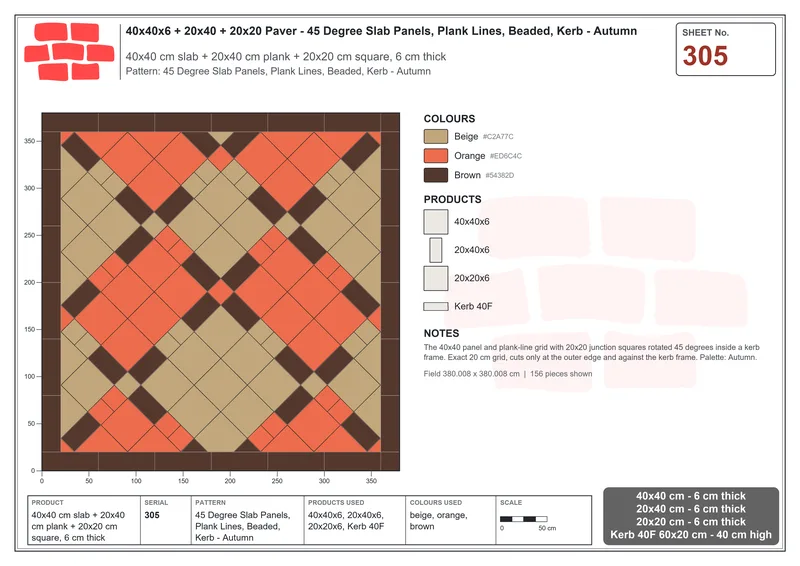 Interlock (Pasco) 40x40 cm · SQ44-305 · 45 Degree Slab Panels, Plank Lines, Beaded, Kerb - Autumn · Laying plan Interlock (Pasco) 40x40 cm · SQ44-305 · 45 Degree Slab Panels, Plank Lines, Beaded, Kerb - Autumn · Laying plan