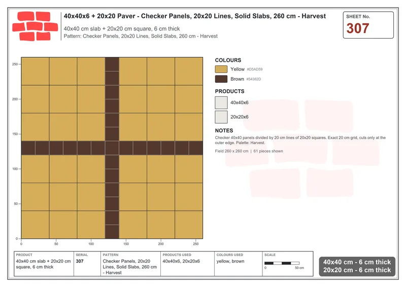 Interlock (Pasco) 40x40 cm · SQ44-307 · Checker Panels, 20x20 Lines, Solid Slabs, 260 cm - Harvest · Laying plan Interlock (Pasco) 40x40 cm · SQ44-307 · Checker Panels, 20x20 Lines, Solid Slabs, 260 cm - Harvest · Laying plan