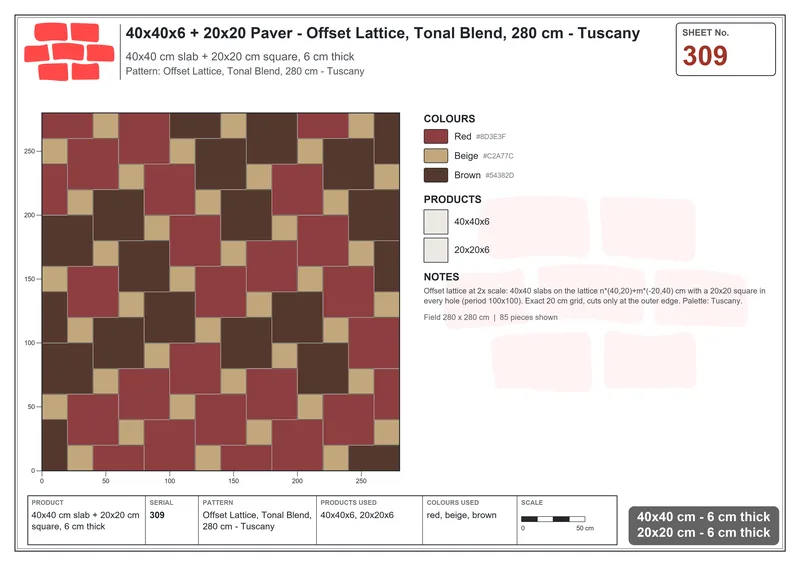 Interlock (Pasco) 40x40 cm · SQ44-309 · Offset Lattice, Tonal Blend, 280 cm - Tuscany · Laying plan Interlock (Pasco) 40x40 cm · SQ44-309 · Offset Lattice, Tonal Blend, 280 cm - Tuscany · Laying plan