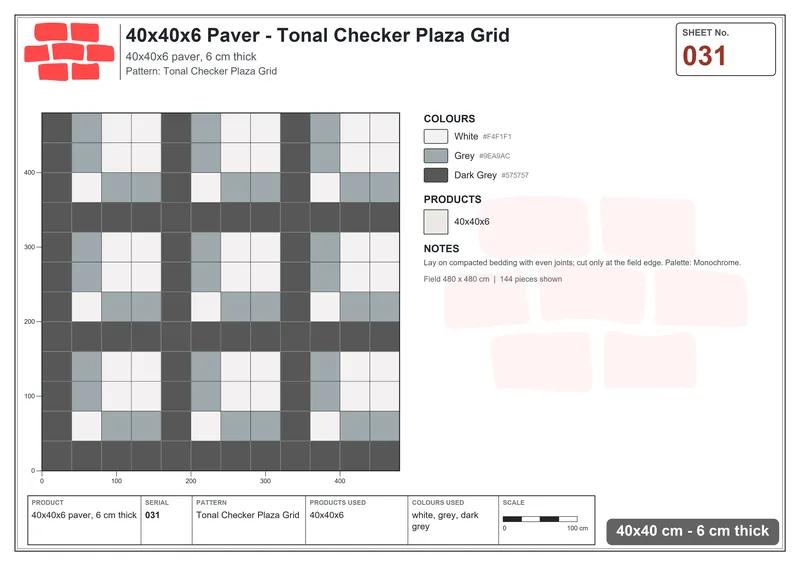 Interlock (Pasco) 40x40 cm · SQ44-31 · Tonal Checker Plaza Grid · Laying plan Interlock (Pasco) 40x40 cm · SQ44-31 · Tonal Checker Plaza Grid · Laying plan