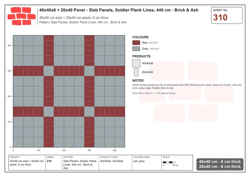 Interlock (Pasco) 40x40 cm · SQ44-310 · Slab Panels, Soldier Plank Lines, 440 cm - Brick & Ash · Laying plan Interlock (Pasco) 40x40 cm · SQ44-310 · Slab Panels, Soldier Plank Lines, 440 cm - Brick & Ash · Laying plan