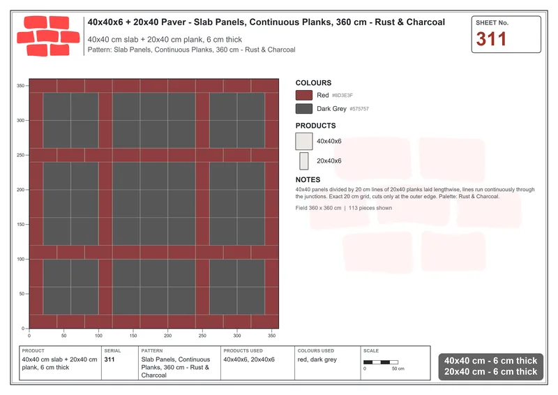 Interlock (Pasco) 40x40 cm · SQ44-311 · Slab Panels, Continuous Planks, 360 cm - Rust & Charcoal · Laying plan Interlock (Pasco) 40x40 cm · SQ44-311 · Slab Panels, Continuous Planks, 360 cm - Rust & Charcoal · Laying plan