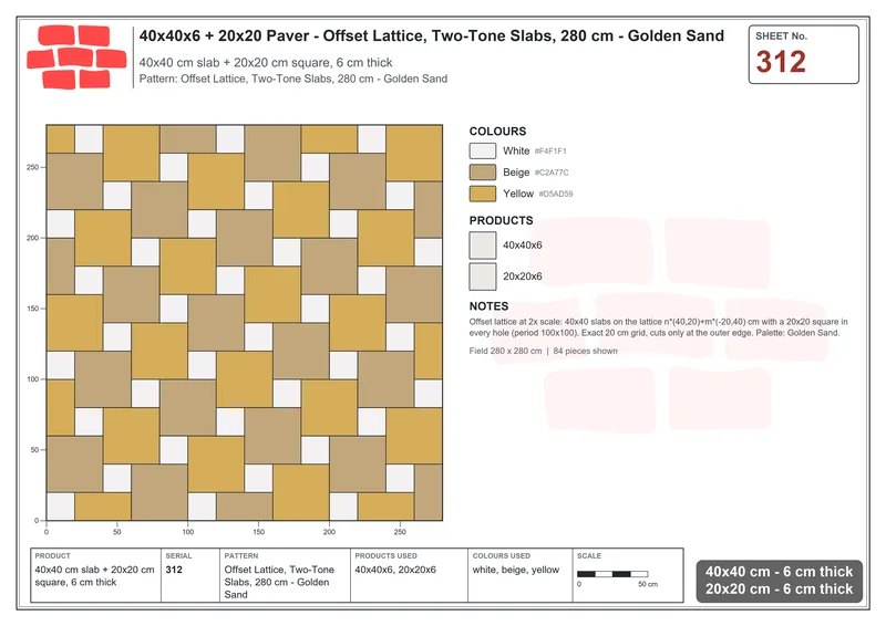Interlock (Pasco) 40x40 cm · SQ44-312 · Offset Lattice, Two-Tone Slabs, 280 cm - Golden Sand · Laying plan Interlock (Pasco) 40x40 cm · SQ44-312 · Offset Lattice, Two-Tone Slabs, 280 cm - Golden Sand · Laying plan
