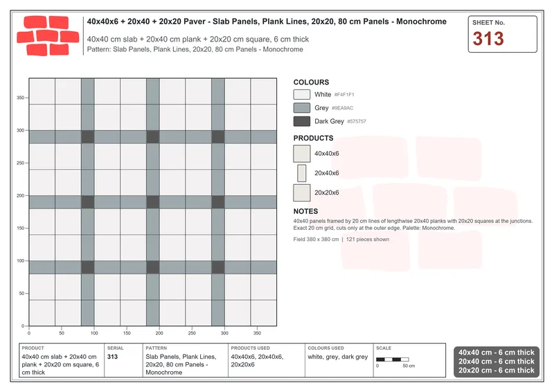 Interlock (Pasco) 40x40 cm · SQ44-313 · Slab Panels, Plank Lines, 20x20, 80 cm Panels - Monochrome · Laying plan Interlock (Pasco) 40x40 cm · SQ44-313 · Slab Panels, Plank Lines, 20x20, 80 cm Panels - Monochrome · Laying plan