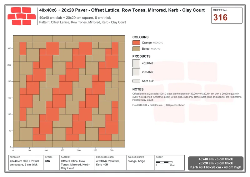 Interlock (Pasco) 40x40 cm · SQ44-316 · Offset Lattice, Row Tones, Mirrored, Kerb - Clay Court · Laying plan Interlock (Pasco) 40x40 cm · SQ44-316 · Offset Lattice, Row Tones, Mirrored, Kerb - Clay Court · Laying plan