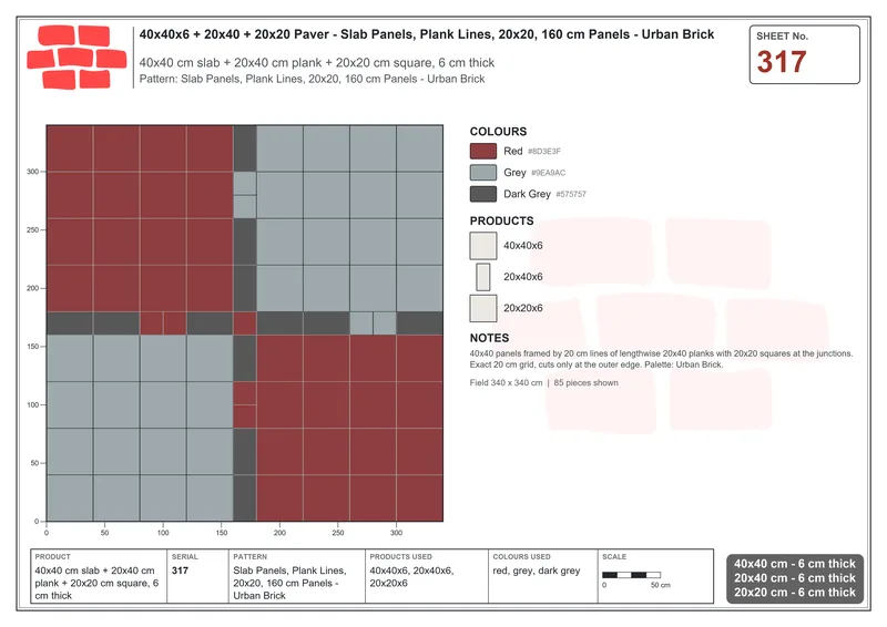 Interlock (Pasco) 40x40 cm · SQ44-317 · Slab Panels, Plank Lines, 20x20, 160 cm Panels - Urban Brick · Laying plan Interlock (Pasco) 40x40 cm · SQ44-317 · Slab Panels, Plank Lines, 20x20, 160 cm Panels - Urban Brick · Laying plan
