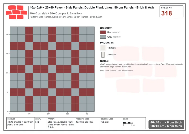 Interlock (Pasco) 40x40 cm · SQ44-318 · Slab Panels, Double Plank Lines, 80 cm Panels - Brick & Ash · Laying plan Interlock (Pasco) 40x40 cm · SQ44-318 · Slab Panels, Double Plank Lines, 80 cm Panels - Brick & Ash · Laying plan