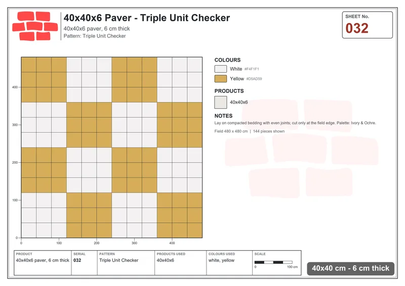 Interlock (Pasco) 40x40 cm · SQ44-32 · Triple Unit Checker · Laying plan Interlock (Pasco) 40x40 cm · SQ44-32 · Triple Unit Checker · Laying plan