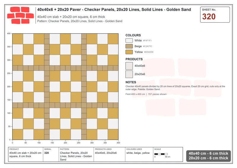 Interlock (Pasco) 40x40 cm · SQ44-320 · Checker Panels, 20x20 Lines, Solid Lines - Golden Sand · Laying plan Interlock (Pasco) 40x40 cm · SQ44-320 · Checker Panels, 20x20 Lines, Solid Lines - Golden Sand · Laying plan