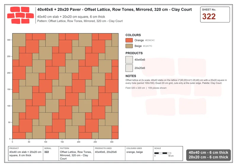Interlock (Pasco) 40x40 cm · SQ44-322 · Offset Lattice, Row Tones, Mirrored, 320 cm - Clay Court · Laying plan Interlock (Pasco) 40x40 cm · SQ44-322 · Offset Lattice, Row Tones, Mirrored, 320 cm - Clay Court · Laying plan
