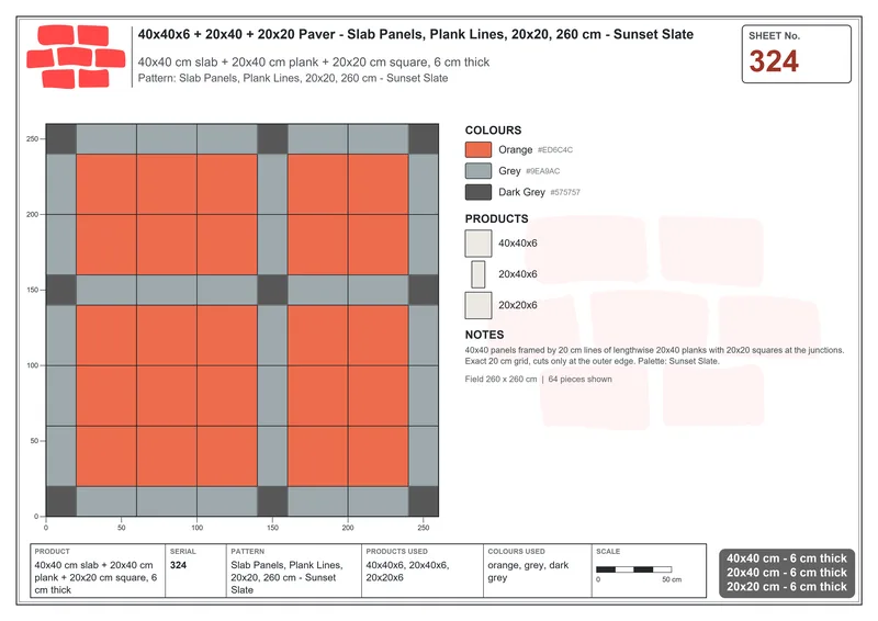 Interlock (Pasco) 40x40 cm · SQ44-324 · Slab Panels, Plank Lines, 20x20, 260 cm - Sunset Slate · Laying plan Interlock (Pasco) 40x40 cm · SQ44-324 · Slab Panels, Plank Lines, 20x20, 260 cm - Sunset Slate · Laying plan