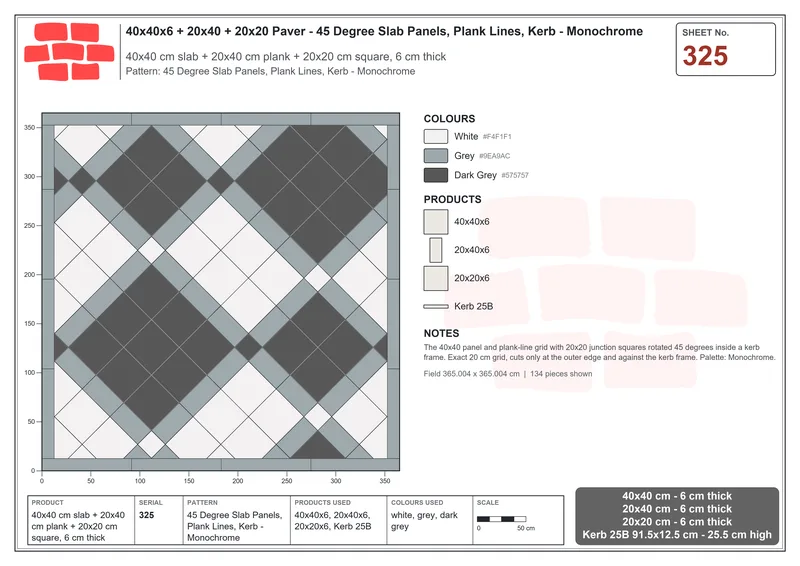 Interlock (Pasco) 40x40 cm · SQ44-325 · 45 Degree Slab Panels, Plank Lines, Kerb - Monochrome · Laying plan Interlock (Pasco) 40x40 cm · SQ44-325 · 45 Degree Slab Panels, Plank Lines, Kerb - Monochrome · Laying plan