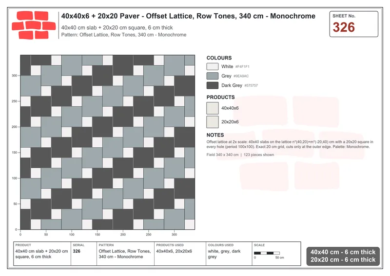Interlock (Pasco) 40x40 cm · SQ44-326 · Offset Lattice, Row Tones, 340 cm - Monochrome · Laying plan Interlock (Pasco) 40x40 cm · SQ44-326 · Offset Lattice, Row Tones, 340 cm - Monochrome · Laying plan
