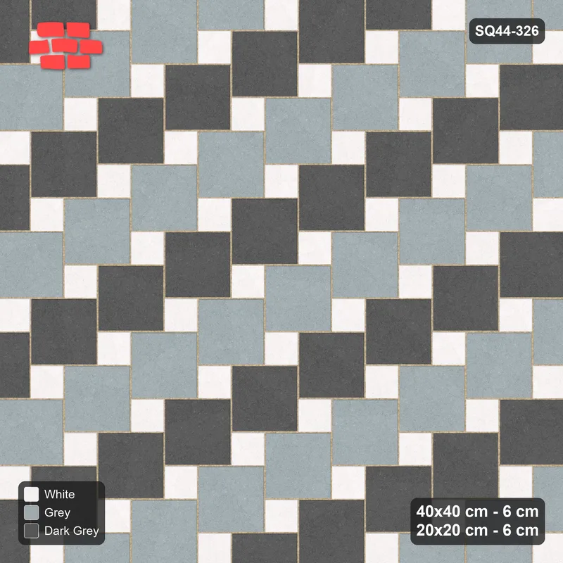 Interlock (Pasco) 40x40 cm · SQ44-326 · Offset Lattice, Row Tones, 340 cm - Monochrome · Top view Interlock (Pasco) 40x40 cm · SQ44-326 · Offset Lattice, Row Tones, 340 cm - Monochrome · Top view