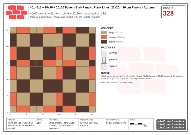 Interlock (Pasco) 40x40 cm · SQ44-328 · Slab Panels, Plank Lines, 20x20, 120 cm Panels - Autumn · Laying plan Interlock (Pasco) 40x40 cm · SQ44-328 · Slab Panels, Plank Lines, 20x20, 120 cm Panels - Autumn · Laying plan