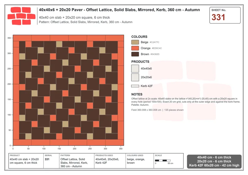 Interlock (Pasco) 40x40 cm · SQ44-331 · Offset Lattice, Solid Slabs, Mirrored, Kerb, 360 cm - Autumn · Laying plan Interlock (Pasco) 40x40 cm · SQ44-331 · Offset Lattice, Solid Slabs, Mirrored, Kerb, 360 cm - Autumn · Laying plan