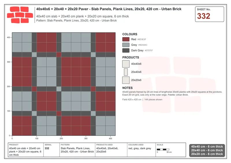Interlock (Pasco) 40x40 cm · SQ44-332 · Slab Panels, Plank Lines, 20x20, 420 cm - Urban Brick · Laying plan Interlock (Pasco) 40x40 cm · SQ44-332 · Slab Panels, Plank Lines, 20x20, 420 cm - Urban Brick · Laying plan