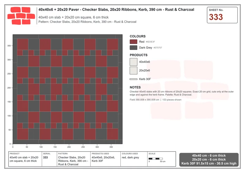 Interlock (Pasco) 40x40 cm · SQ44-333 · Checker Slabs, 20x20 Ribbons, Kerb, 390 cm - Rust & Charcoal · Laying plan Interlock (Pasco) 40x40 cm · SQ44-333 · Checker Slabs, 20x20 Ribbons, Kerb, 390 cm - Rust & Charcoal · Laying plan