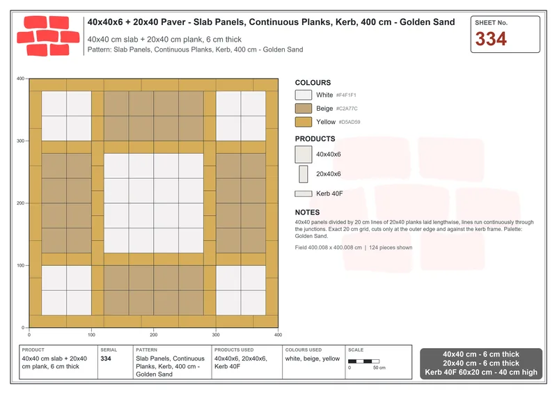 Interlock (Pasco) 40x40 cm · SQ44-334 · Slab Panels, Continuous Planks, Kerb, 400 cm - Golden Sand · Laying plan Interlock (Pasco) 40x40 cm · SQ44-334 · Slab Panels, Continuous Planks, Kerb, 400 cm - Golden Sand · Laying plan