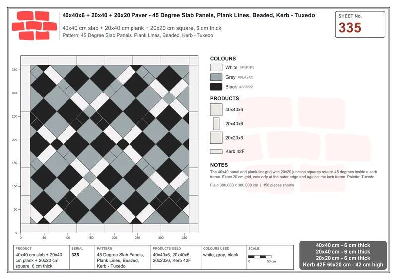 Interlock (Pasco) 40x40 cm · SQ44-335 · 45 Degree Slab Panels, Plank Lines, Beaded, Kerb - Tuxedo · Laying plan Interlock (Pasco) 40x40 cm · SQ44-335 · 45 Degree Slab Panels, Plank Lines, Beaded, Kerb - Tuxedo · Laying plan