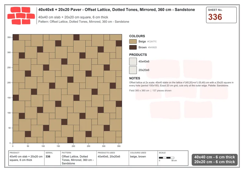 Interlock (Pasco) 40x40 cm · SQ44-336 · Offset Lattice, Dotted Tones, Mirrored, 360 cm - Sandstone · Laying plan Interlock (Pasco) 40x40 cm · SQ44-336 · Offset Lattice, Dotted Tones, Mirrored, 360 cm - Sandstone · Laying plan