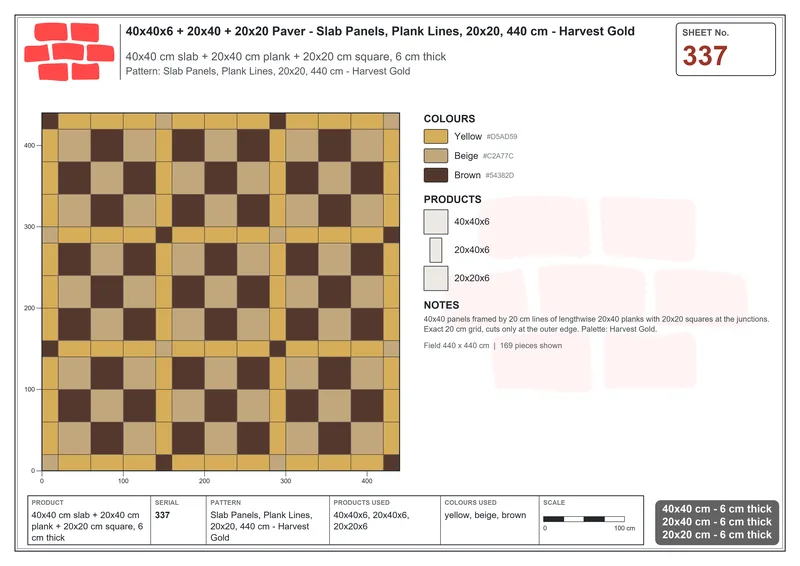 Interlock (Pasco) 40x40 cm · SQ44-337 · Slab Panels, Plank Lines, 20x20, 440 cm - Harvest Gold · Laying plan Interlock (Pasco) 40x40 cm · SQ44-337 · Slab Panels, Plank Lines, 20x20, 440 cm - Harvest Gold · Laying plan