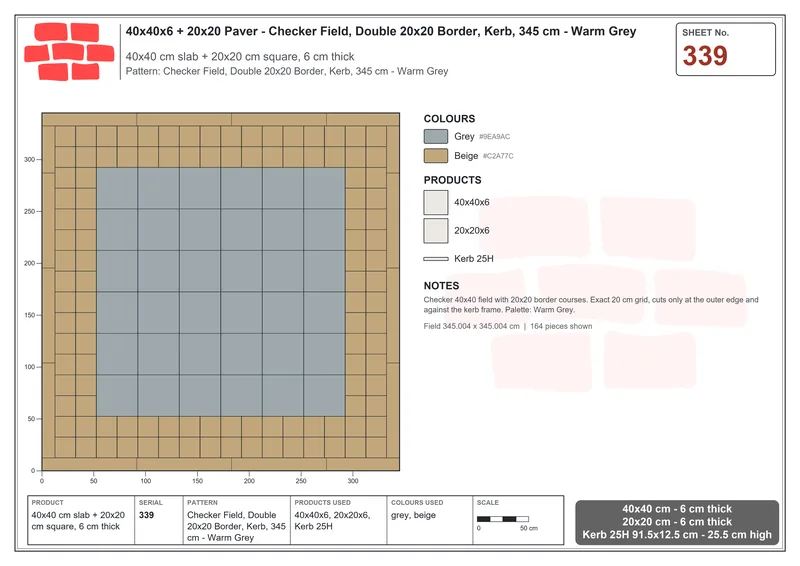 Interlock (Pasco) 40x40 cm · SQ44-339 · Checker Field, Double 20x20 Border, Kerb, 345 cm - Warm Grey · Laying plan Interlock (Pasco) 40x40 cm · SQ44-339 · Checker Field, Double 20x20 Border, Kerb, 345 cm - Warm Grey · Laying plan