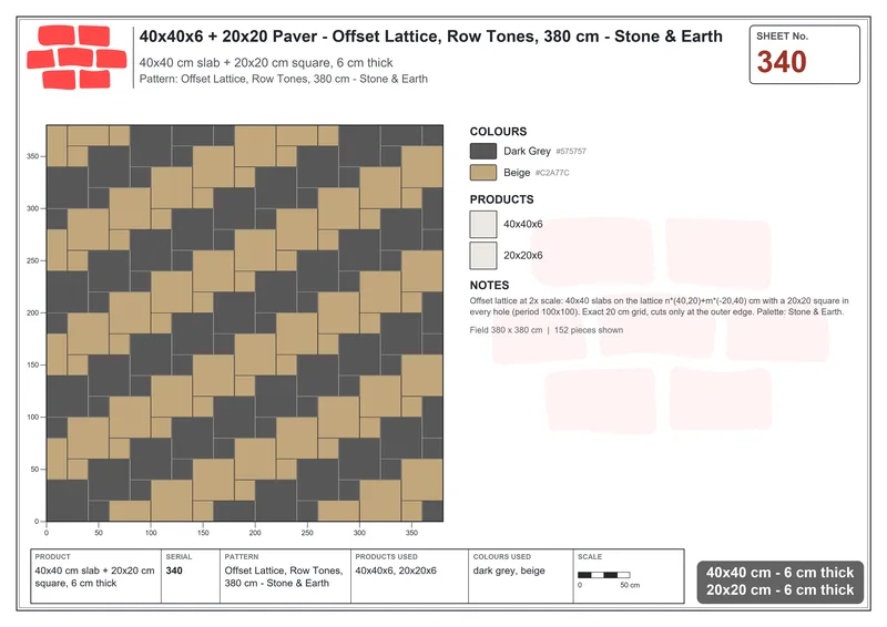 Interlock (Pasco) 40x40 cm · SQ44-340 · Offset Lattice, Row Tones, 380 cm - Stone & Earth · Laying plan Interlock (Pasco) 40x40 cm · SQ44-340 · Offset Lattice, Row Tones, 380 cm - Stone & Earth · Laying plan