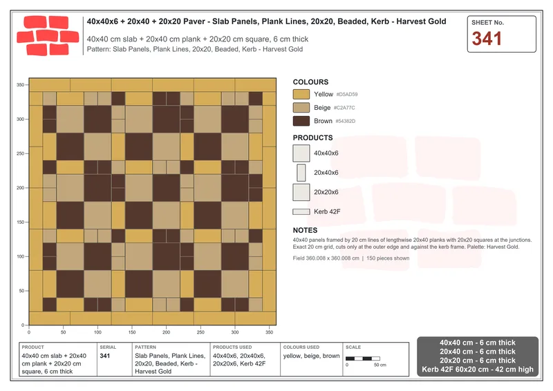 Interlock (Pasco) 40x40 cm · SQ44-341 · Slab Panels, Plank Lines, 20x20, Beaded, Kerb - Harvest Gold · Laying plan Interlock (Pasco) 40x40 cm · SQ44-341 · Slab Panels, Plank Lines, 20x20, Beaded, Kerb - Harvest Gold · Laying plan