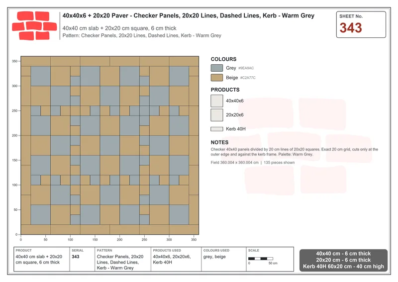Interlock (Pasco) 40x40 cm · SQ44-343 · Checker Panels, 20x20 Lines, Dashed Lines, Kerb - Warm Grey · Laying plan Interlock (Pasco) 40x40 cm · SQ44-343 · Checker Panels, 20x20 Lines, Dashed Lines, Kerb - Warm Grey · Laying plan