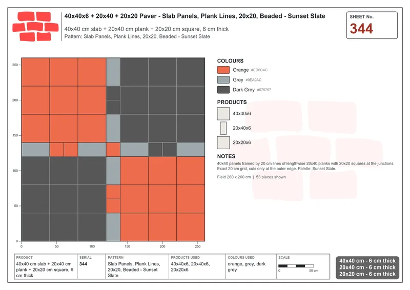 Interlock (Pasco) 40x40 cm · SQ44-344 · Slab Panels, Plank Lines, 20x20, Beaded - Sunset Slate · Laying plan Interlock (Pasco) 40x40 cm · SQ44-344 · Slab Panels, Plank Lines, 20x20, Beaded - Sunset Slate · Laying plan