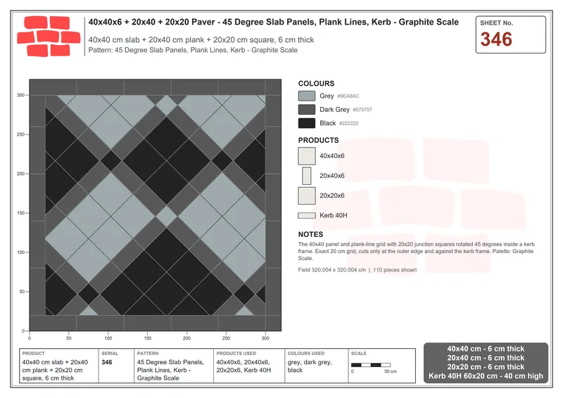 Interlock (Pasco) 40x40 cm · SQ44-346 · 45 Degree Slab Panels, Plank Lines, Kerb - Graphite Scale · Laying plan Interlock (Pasco) 40x40 cm · SQ44-346 · 45 Degree Slab Panels, Plank Lines, Kerb - Graphite Scale · Laying plan