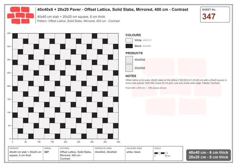 Interlock (Pasco) 40x40 cm · SQ44-347 · Offset Lattice, Solid Slabs, Mirrored, 400 cm - Contrast · Laying plan Interlock (Pasco) 40x40 cm · SQ44-347 · Offset Lattice, Solid Slabs, Mirrored, 400 cm - Contrast · Laying plan