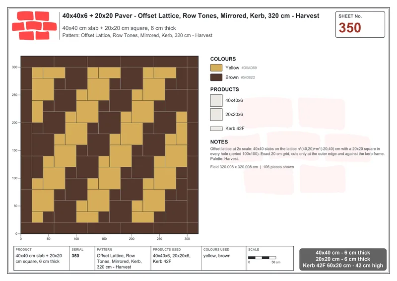 Interlock (Pasco) 40x40 cm · SQ44-350 · Offset Lattice, Row Tones, Mirrored, Kerb, 320 cm - Harvest · Laying plan Interlock (Pasco) 40x40 cm · SQ44-350 · Offset Lattice, Row Tones, Mirrored, Kerb, 320 cm - Harvest · Laying plan