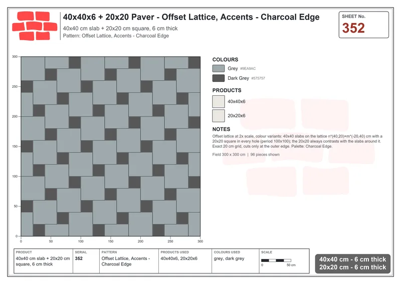 Interlock (Pasco) 40x40 cm · SQ44-352 · Offset Lattice, Accents - Charcoal Edge · Laying plan Interlock (Pasco) 40x40 cm · SQ44-352 · Offset Lattice, Accents - Charcoal Edge · Laying plan