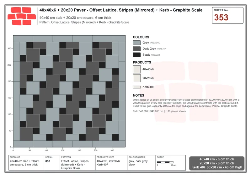 Interlock (Pasco) 40x40 cm · SQ44-353 · Offset Lattice, Stripes (Mirrored) + Kerb - Graphite Scale · Laying plan Interlock (Pasco) 40x40 cm · SQ44-353 · Offset Lattice, Stripes (Mirrored) + Kerb - Graphite Scale · Laying plan
