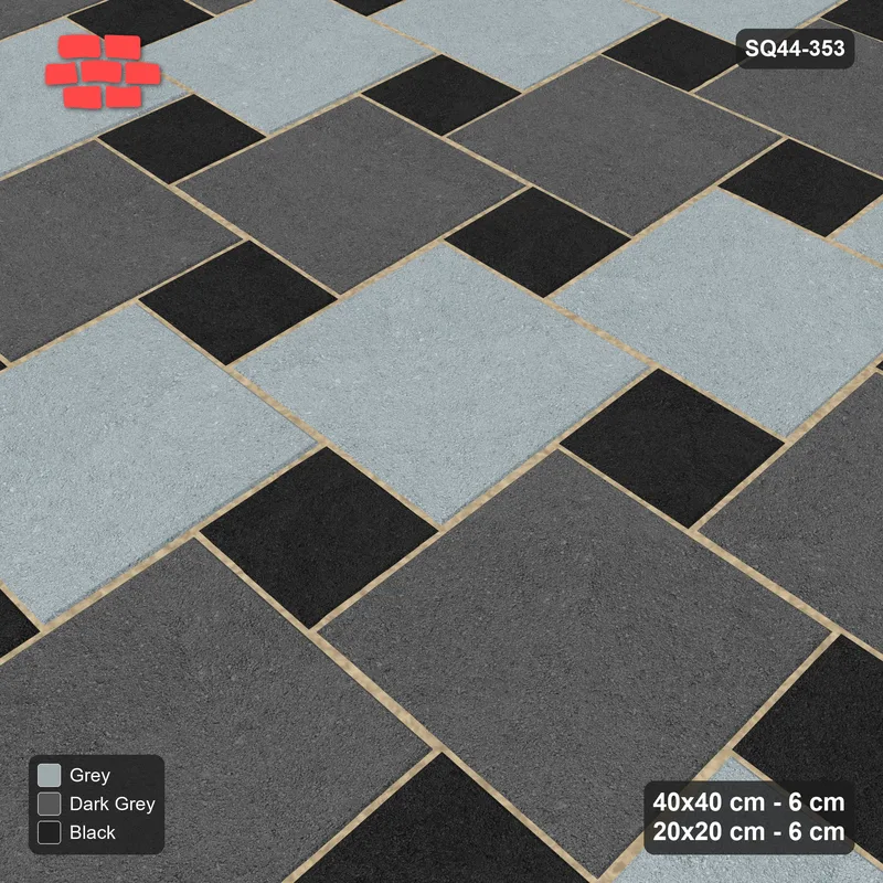 Interlock (Pasco) 40x40 cm · SQ44-353 · Offset Lattice, Stripes (Mirrored) + Kerb - Graphite Scale · Side view Interlock (Pasco) 40x40 cm · SQ44-353 · Offset Lattice, Stripes (Mirrored) + Kerb - Graphite Scale · Side view