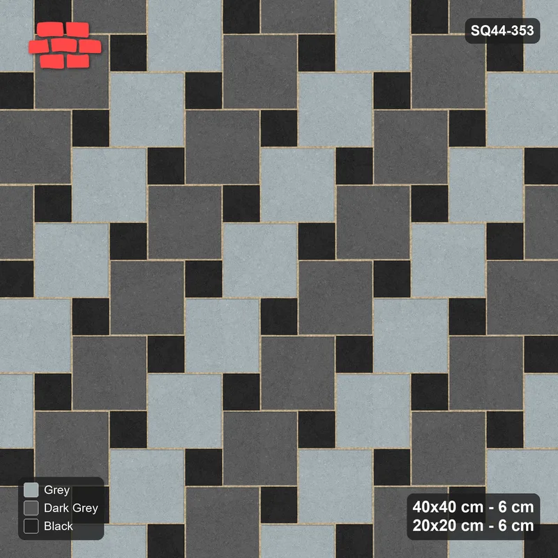 Interlock (Pasco) 40x40 cm · SQ44-353 · Offset Lattice, Stripes (Mirrored) + Kerb - Graphite Scale · Top view Interlock (Pasco) 40x40 cm · SQ44-353 · Offset Lattice, Stripes (Mirrored) + Kerb - Graphite Scale · Top view