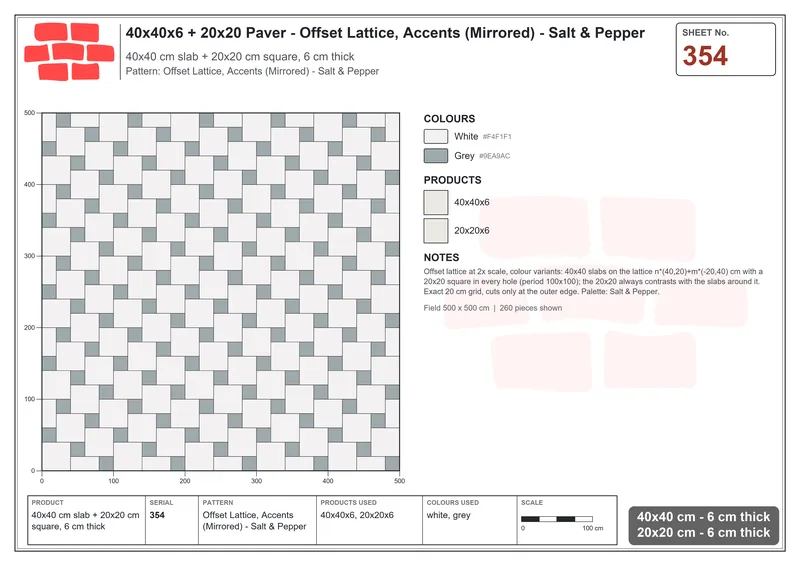 Interlock (Pasco) 40x40 cm · SQ44-354 · Offset Lattice, Accents (Mirrored) - Salt & Pepper · Laying plan Interlock (Pasco) 40x40 cm · SQ44-354 · Offset Lattice, Accents (Mirrored) - Salt & Pepper · Laying plan